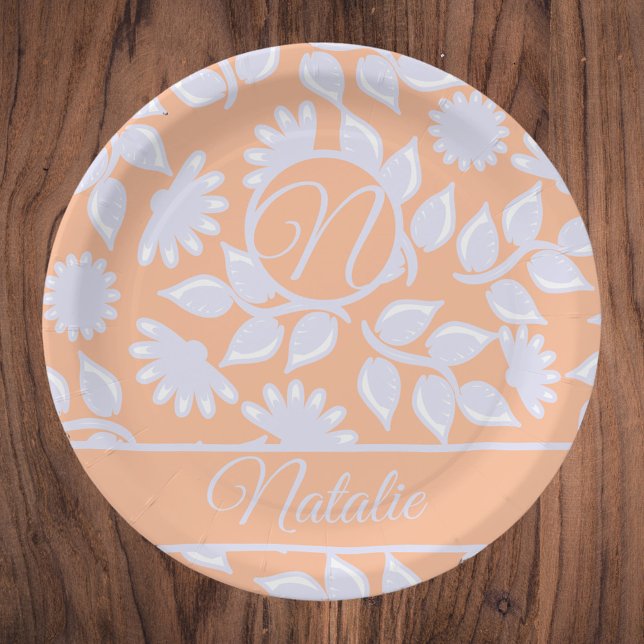 Prato De Papel Peach Fuzz - padrão floral - monograma (Criador carregado)