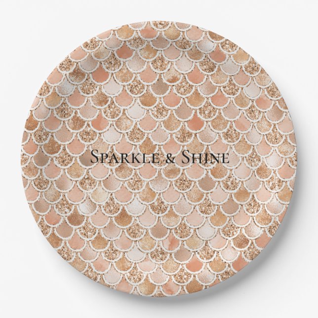 Prato De Papel Peach Rosa Blush Dourado Sereia Glitter (Frente)