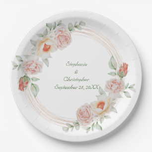 Prato De Papel Peach Rose Rosa Verde Floral Dourado Quadro Casame