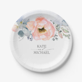 Prato De Papel Peach Watercolor Flowers Dusty Blue Casamento