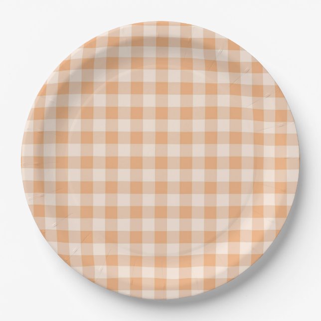 Prato De Papel Peach White Checkered Gingham Patterno (Frente)
