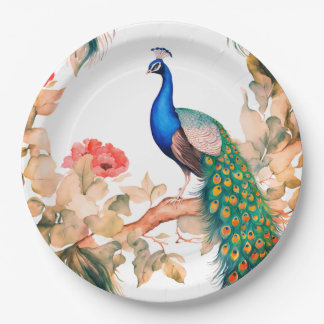 Prato De Papel Peacock and Flowers Paper Party Plates