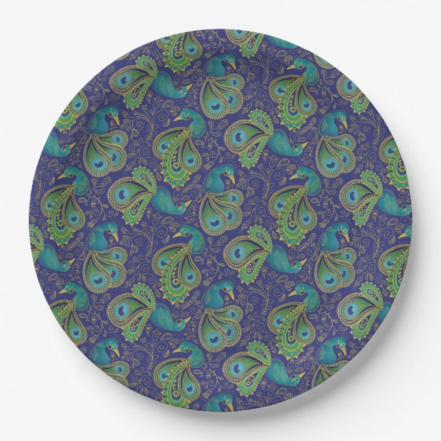 Prato De Papel Peacock Paisley Pattern Blue (Frente)