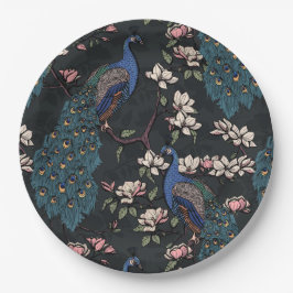 Prato De Papel Peacocks Elegantes e Flores de Magnolia Pretos