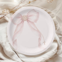 Prato De Papel Pearl Blush Pink Bow Gold Cross Baptism