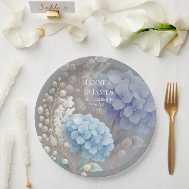 Prato De Papel Pearl Hydrangea Blue Waterercolor Casamento Românt (Casamento)