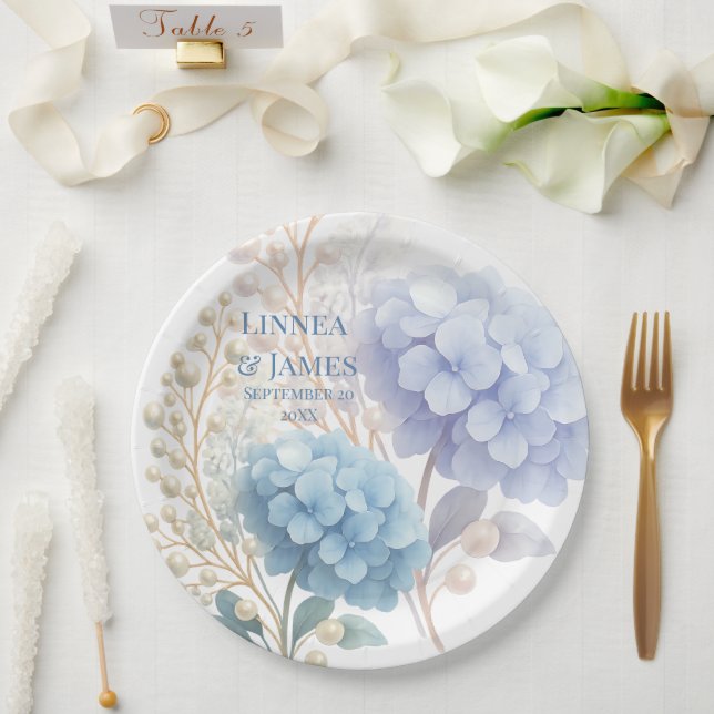 Prato De Papel Pearl Hydrangea Blue Waterercolor Casamento Românt (Casamento)