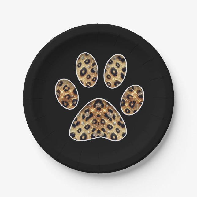 Prato De Papel Pegada com Brilho de Leopardo Dourado e Preto  (Frente)