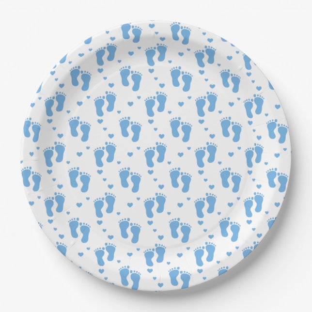 Prato De Papel Pegadas Azuis de Bebê Menino em Branco (Frente)