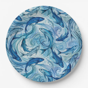 Prato De Papel Peixe Azul Místico Flutuando em Harmonia