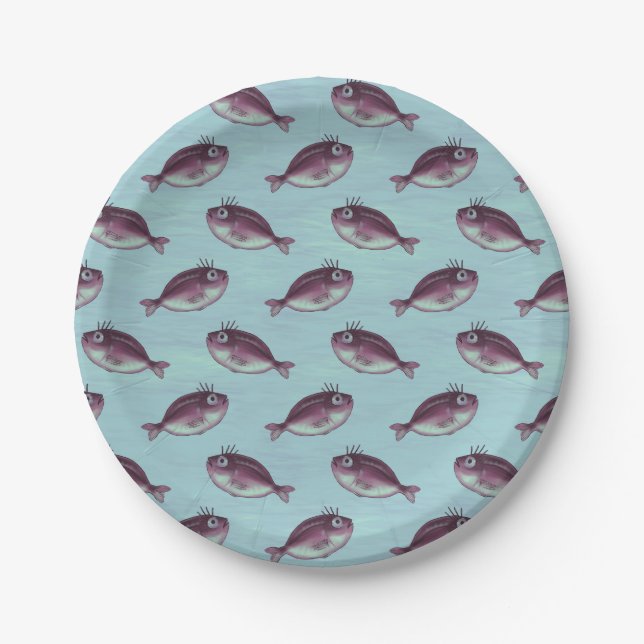 Prato De Papel Peixe Engraçado Com Padrões De Eilashes Ricos (Frente)