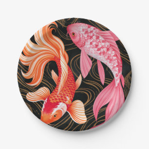 Prato De Papel Peixes Koi Elegantes Aquarela Japonesa