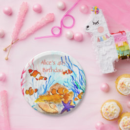 Prato De Papel Peixes Marinhos Sob O Mar Aniversário Oceano Coral