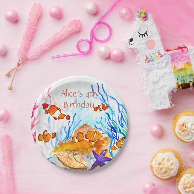 Prato De Papel Peixes Marinhos Sob O Mar Aniversário Oceano Coral (Festa)