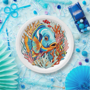 Prato De Papel Peixes Tropicais Vibrações Coloridas de Verão