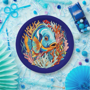 Prato De Papel Peixes Tropicais Vibrações Coloridas de Verão