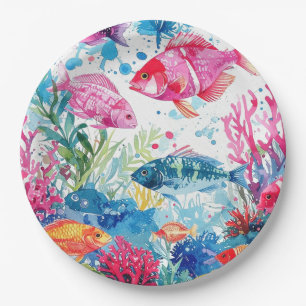 Prato De Papel Peixes Tropicais Vibrantes Padrão de Vida Marinha