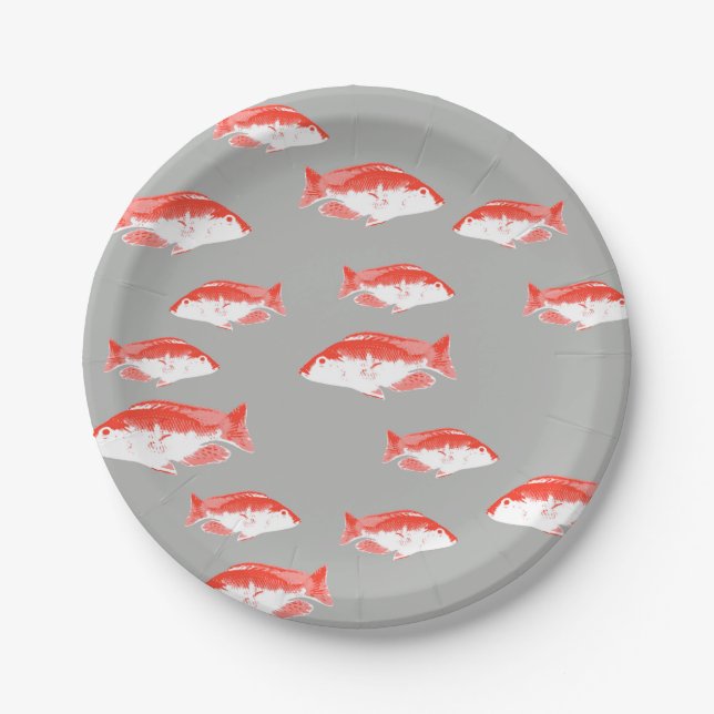 Prato De Papel Peixes vermelhos e cinzas (Frente)