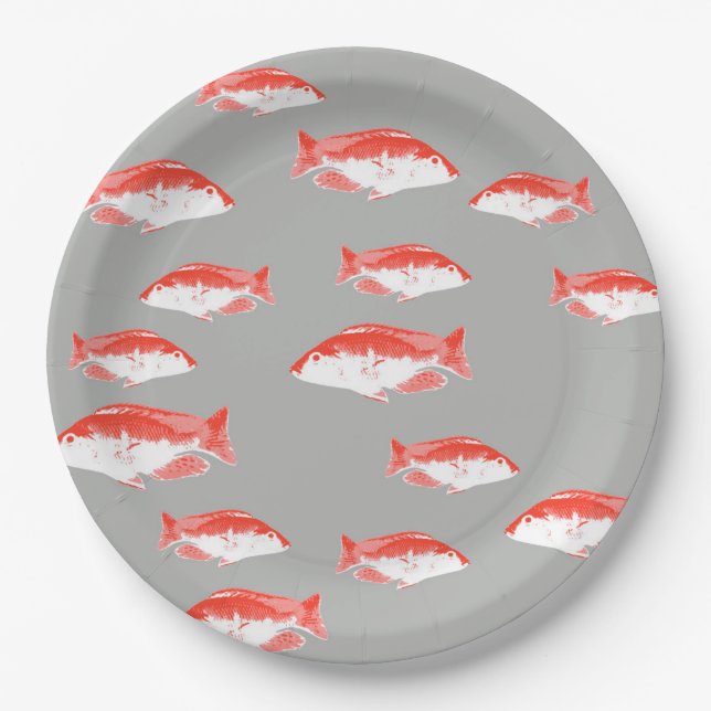 Prato De Papel Peixes vermelhos e cinzas (Frente)