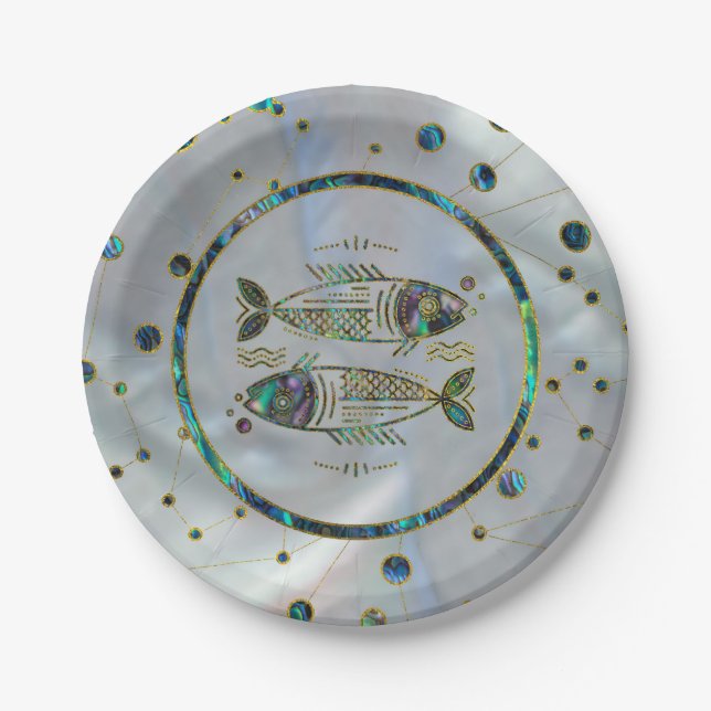 Prato De Papel Peixes Zodiac Dourado Abalone na constelação (Frente)