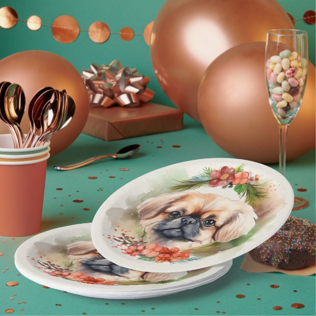 Prato De Papel Pekingese Christmas Wreath Festivo Pup (Múltiplo)