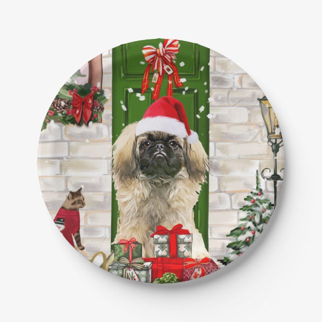 Prato De Papel Pekingese Dog Christmas (Frente)