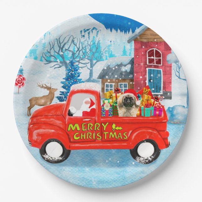 Prato De Papel Pekingese Dog Christmas Delivery Truck Snow (Frente)