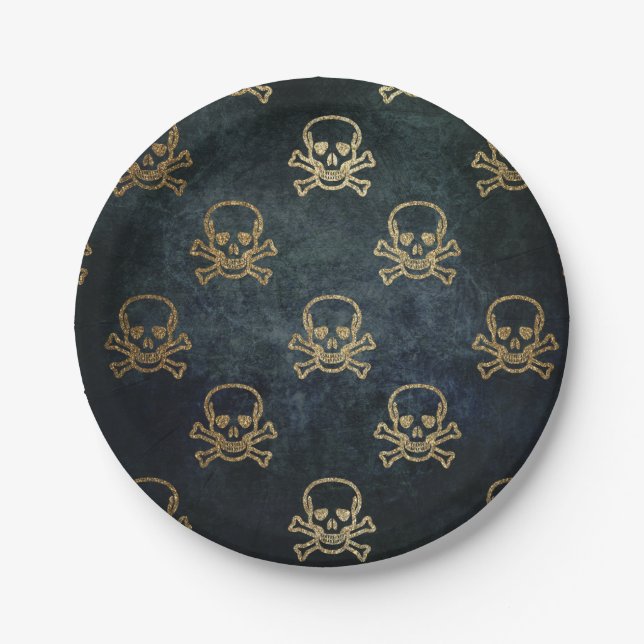 Prato De Papel Peles E Ossos Piratas Dourados E Pretos (Frente)