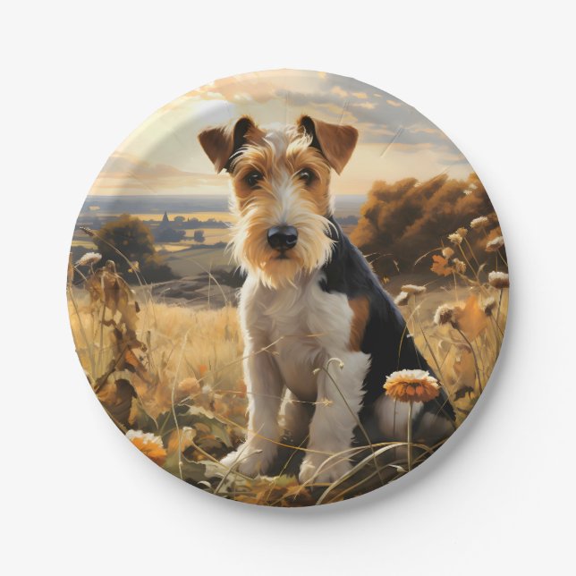 Prato De Papel Pêlos De Fio, Fox Terrier, No Outono Do País (Frente)