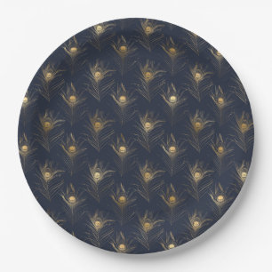 Prato De Papel Penas de Pavão Azul Marinho Dourado Estilo Impress