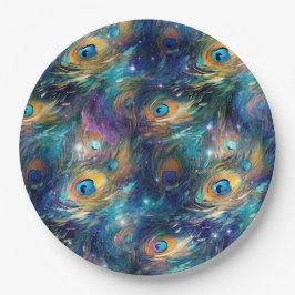 Prato De Papel Penas de Pavão Pintadas Azul Aqua