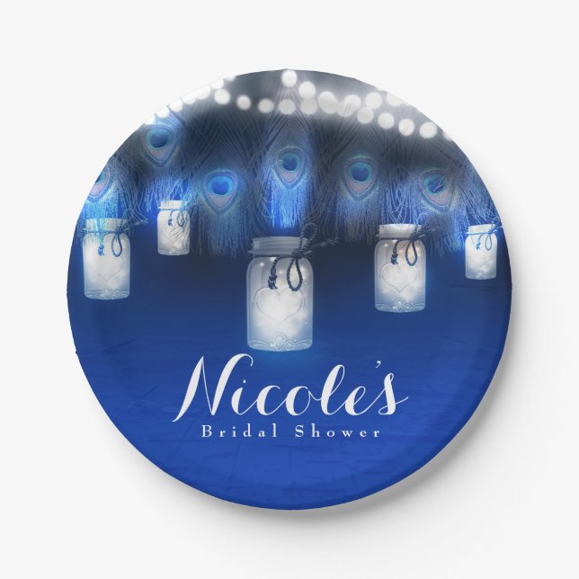 Prato De Papel Penas de Peacock, Festa Mason Jar & String Lights (Frente)