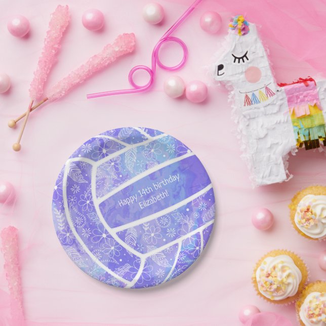 Prato De Papel Penas plurais planas de vôlei roxa (Festa)