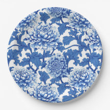 Peônia Floral Chinesa Azul e Branco