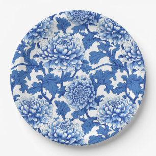 Prato De Papel Peônia Floral Chinesa Azul e Branco
