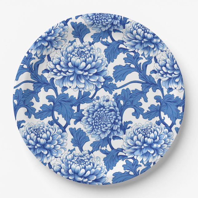 Prato De Papel Peônia Floral Chinesa Azul e Branco (Frente)