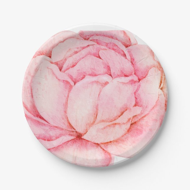 Prato De Papel Peônia Rosa Ilustrada à Mão (Frente)