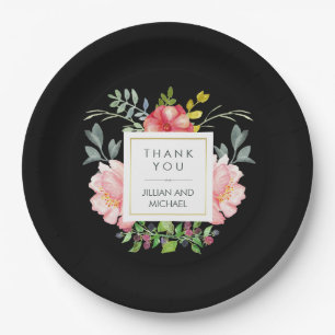 Prato De Papel Peônias elegantes bonitas da aguarela no preto