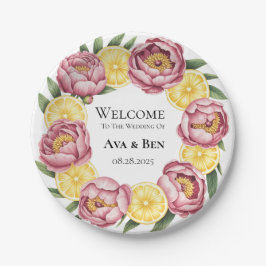 Prato De Papel Pêonias rosadas e placas de papel para casamentos