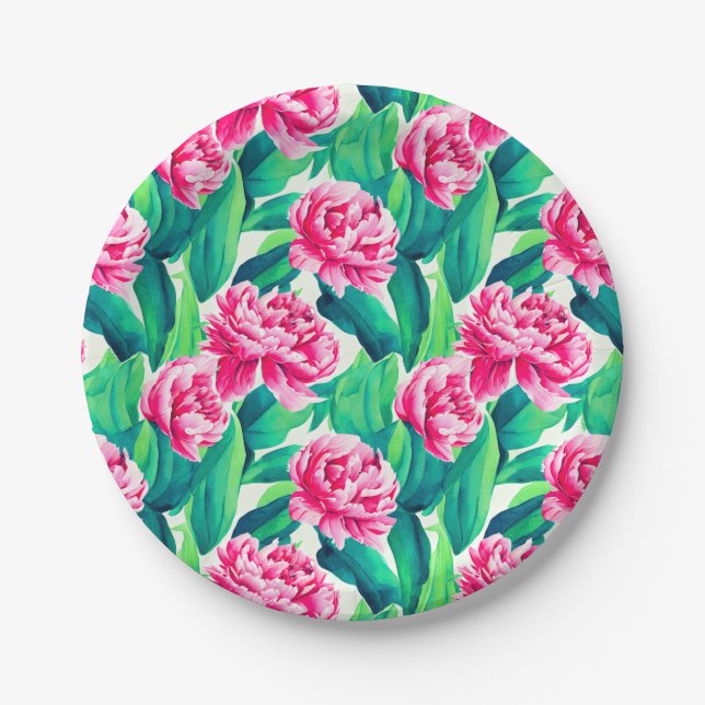 Prato De Papel Peonies Rosa Impressão de Aquarela (Frente)