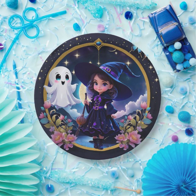 Prato De Papel Pequena bruxa com olhos grandes e brilhantes. (Festa)