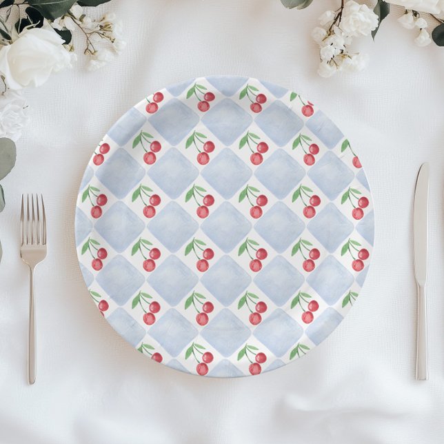 Prato De Papel Pequena cereja no caminho chá Blue Baby boy (Criador carregado)