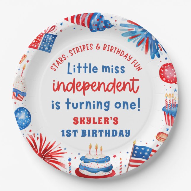 Prato De Papel Pequena Miss Independente 4 de julho primeiro aniv (Frente)