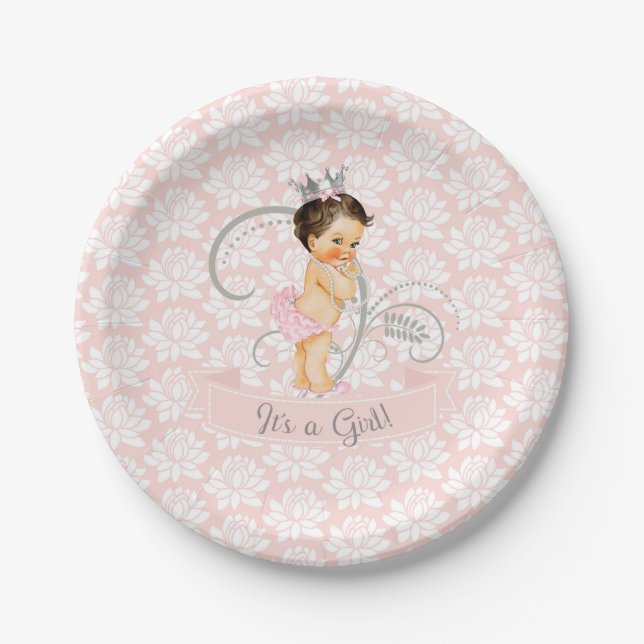 Prato De Papel Pequena Princesa Menina Bebê Rosa e Prata (Frente)