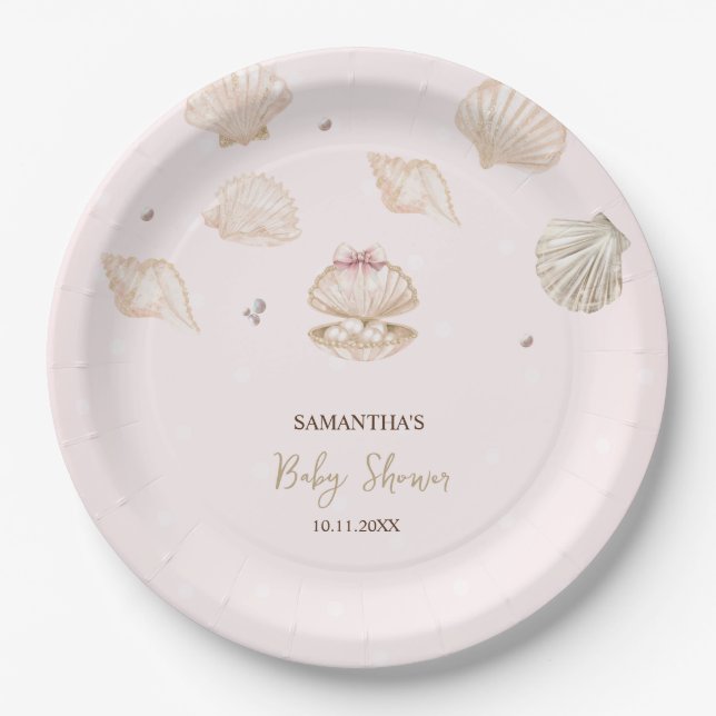 Prato De Papel Pequenas Pérolas Conchas Pontinhos Chás de Bebê (Frente)