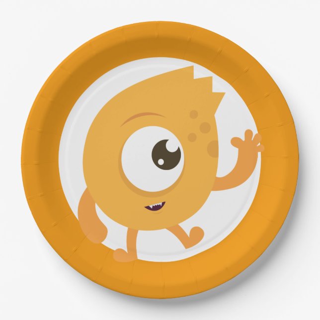 Prato De Papel Pequenas placas de aniversário azul de monstro (Frente)