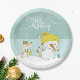 Prato De Papel Pequeno boneco de neve e cachorro na cena de inver
