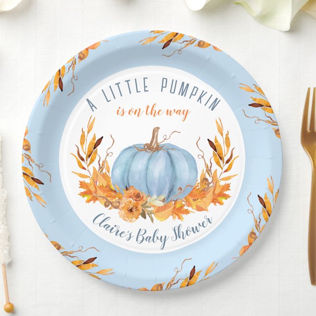 Prato De Papel Pequeno Chá de fraldas Azul de Abate de Outono (Little Pumpkin Blue Baby Shower Paper Plates)