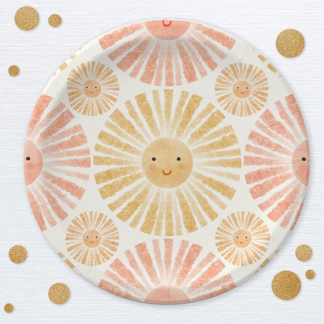 Prato De Papel Pequeno Chá de fraldas de padrão solar (Little ray of sunshine watercolor pattern baby shower party paper plates)