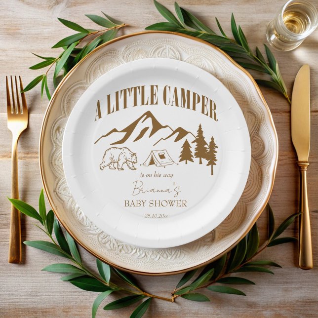 Prato De Papel Pequeno chá de fraldas de vídeo personalizado (Little camper boho mountain adventure baby shower monogrammed paper plates personalized table decor)